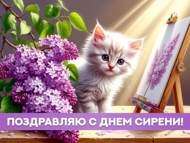 Красивая открытка с цветущей сиренью и весенними цветами