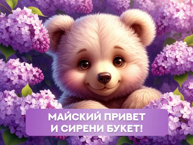 Красивая открытка с цветущей сиренью и весенними цветами