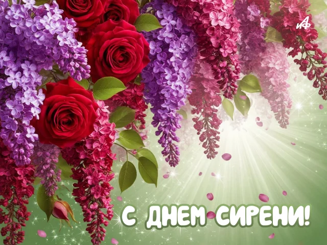 Красивая открытка с цветущей сиренью и весенними цветами