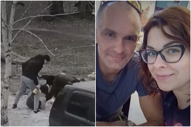Слева — момент нападения на Валерию, справа — волонтёр Валерия Белова с гражданским мужем