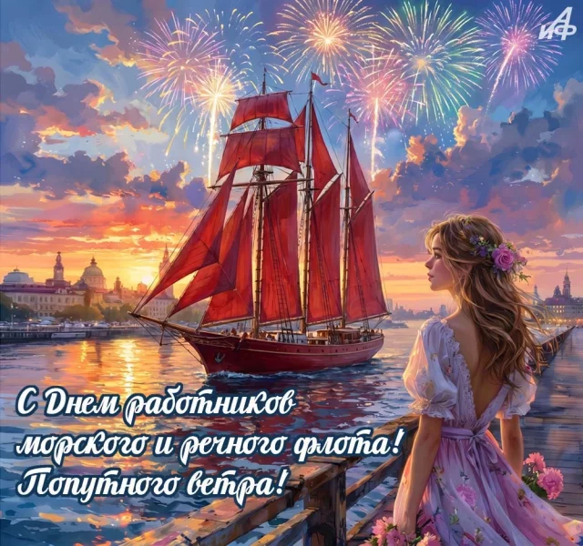 красивая открытка с Днем работников морского и речного флота