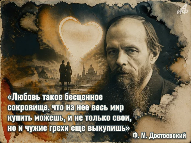 открытка с цитатой Достоевского о добре и зле