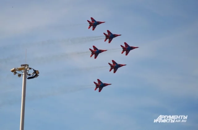 Лётчики выполняют фигуры высшего пилотажа на высокоманёвренных истребителях МиГ-29.