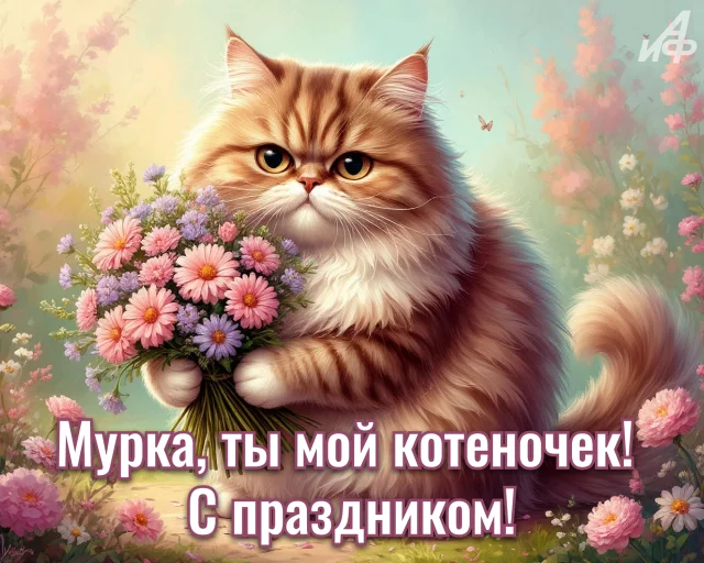 Яркая открытка с котиком и поздравлением с Днем кошек