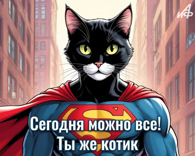 Красивая открытка с котиком суперменом комикс