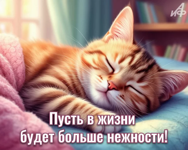 Милый пушистый кот на открытке для любимого человека