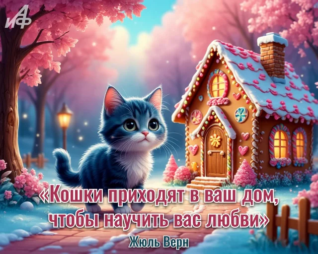 Кошка на открытке с литературной цитатой