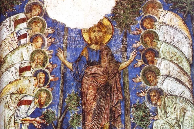 Иисус Христос и 12 апостолов (фреска XII века, Каппадокия).