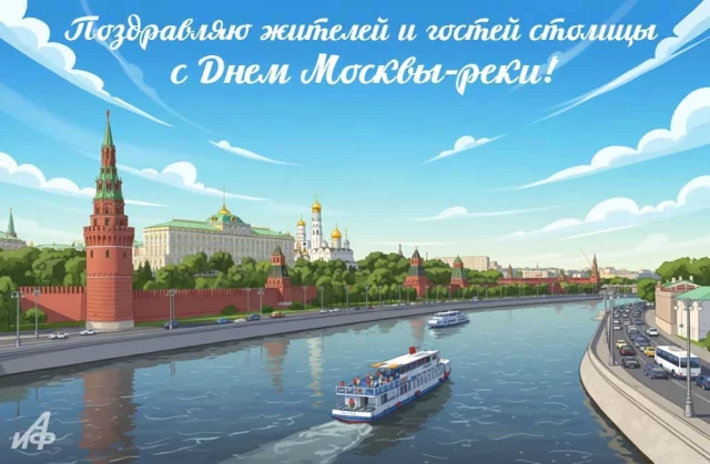 открытка ко Дню Москвы-реки с живописной набережной Москвы