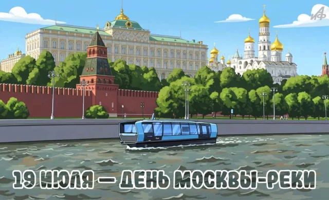 открытка ко Дню Москвы-реки с живописной набережной Москвы