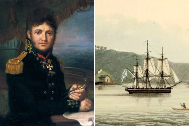 Портрет капитана I ранга Юрия Лисянского работы В. Л. Боровиковского (1810, Центральный военно-морской музей); «Нева» в гавани Святого Павла на острове Кадьяк. Гравюра по рисунку Лисянского.
