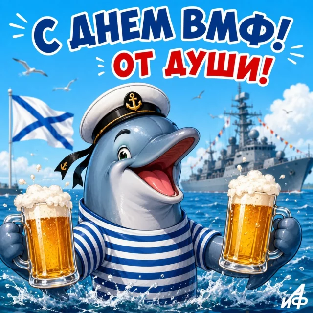 открытка с днем ВМФ дельфин в тельняшке
