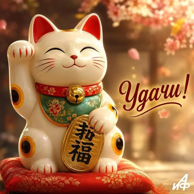 Кошка с лапкой и пожеланием удачи открытка