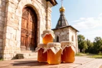 Верующие приносят в церковь свежий мёд для освящения.