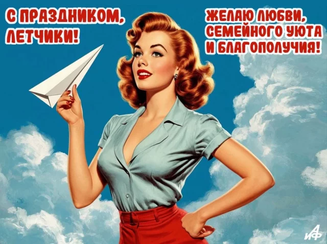 Авиационная открытка с самолетом и поздравлением российских летчиков
