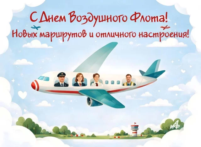 Самолет в голубом небе красивая поздравительная открытка ко Дню Воздушного Флота