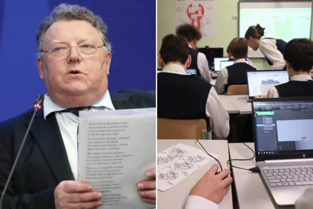 Народный учитель России, замдиректора Президентского физико-математического лицея № 239 Санкт-Петербурга, профессор РГПУ им. А. И. Герцена Сергей Рукшин; Ученики на уроке информатики в гимназии № 14 «Универсарий» в Новосибирске. 