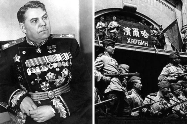 Слева — Александр Василевский. Справа — советские войска в Харбине.