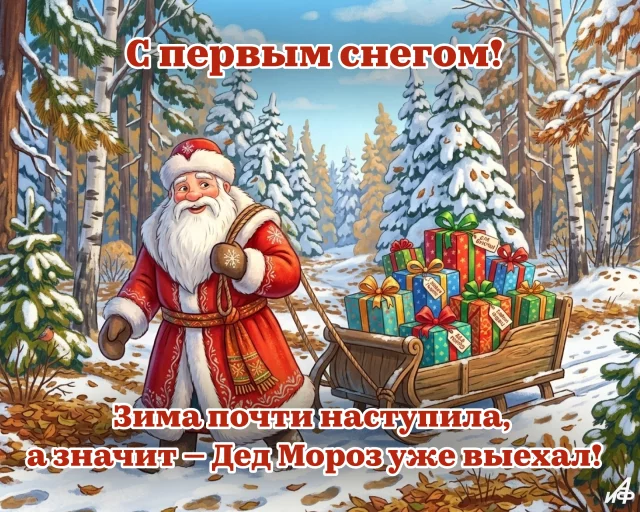 красивая открытка с первым снегом для друзей и близких