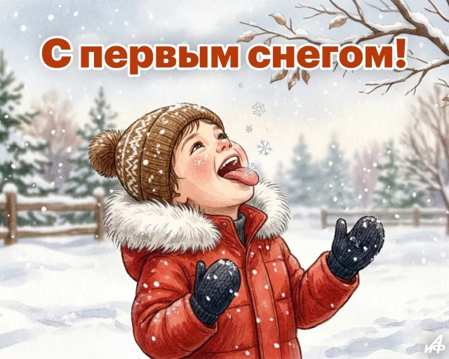 красивая открытка с первым снегом для друзей и близких