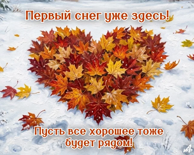 открытка &laquo;С первым снегом!&raquo; снежинки, уют и зимняя атмосфера