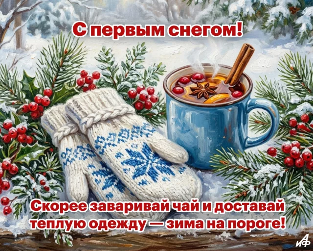 красивые открытки с первым снегом зимнее поздравление в картинке