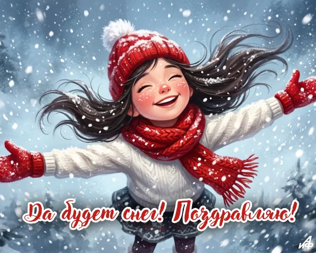 нежная открытка с первым снегопадом и добрыми словами