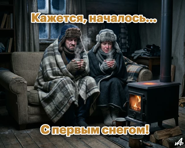 нежная открытка с первым снегопадом и добрыми словами