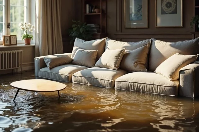 Из-за прорыва радиатора отопления вода повредила отделку и мебель в комнате жительницы.