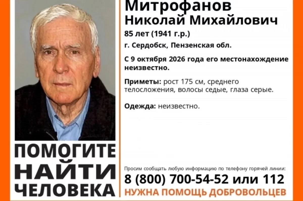 В Сердобске под Пензой ищут пенсионера, пропавшего 9 октября
