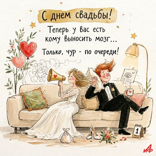 открытка с днем свадьбы юмор и прикол для жениха и невесты