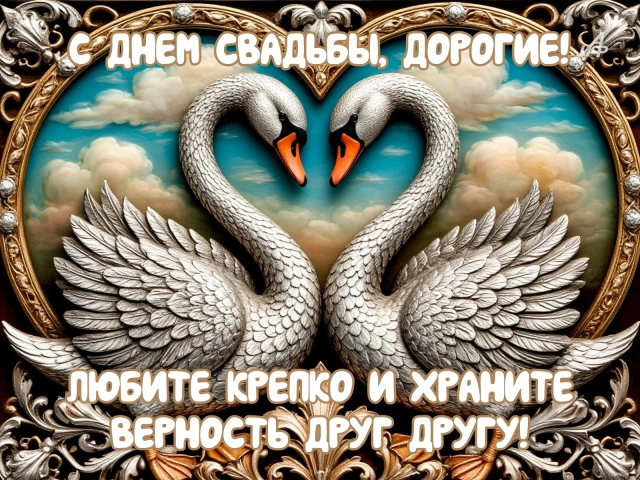 открытка для молодоженов с лебедями и пожеланием