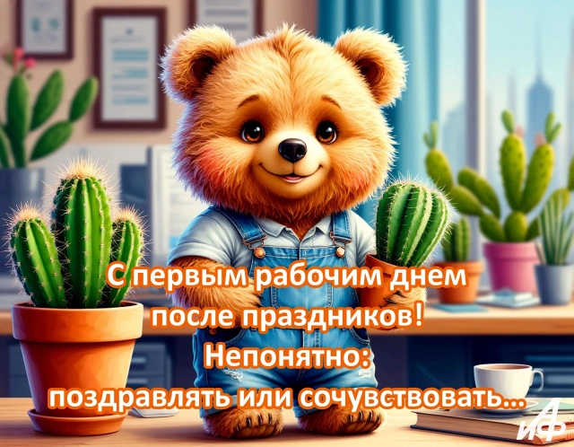 первый рабочий день открытка с медвежонком