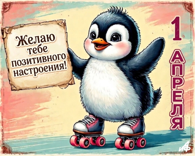 1 апреля открытка с пингвином