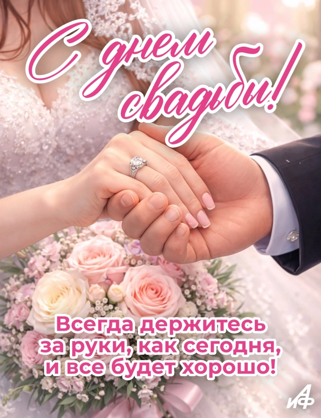 свадебная открытка с декоративными элементами цветы кольца пожелание