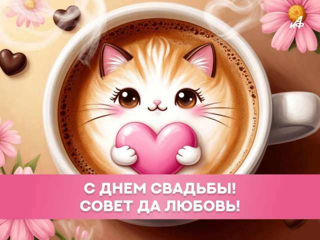 открытка с котиком и сердечком в день свадьбы совет да любовь