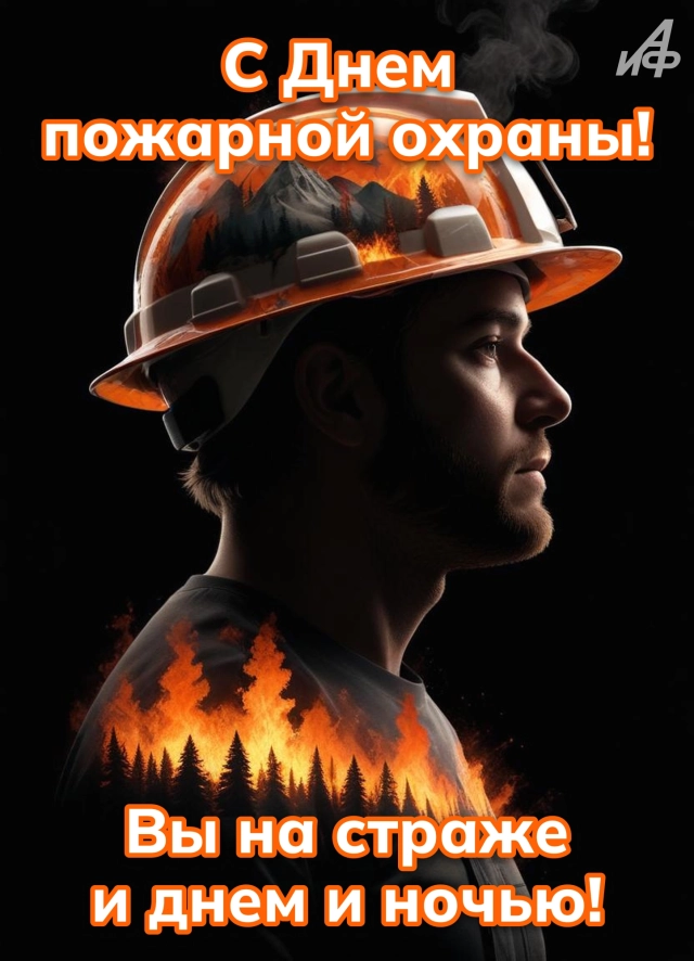 открытка с днем пожарной охраны с огнем и шлемом