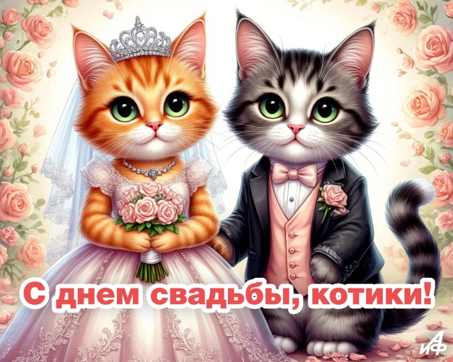 открытка с днем свадьбы котики