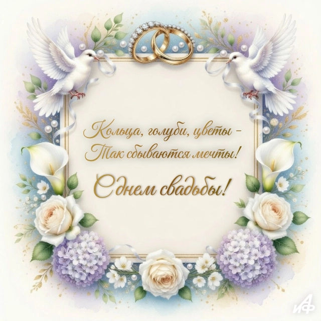 кольца голуби цветы открытка с днем свадьбы красивая и яркая