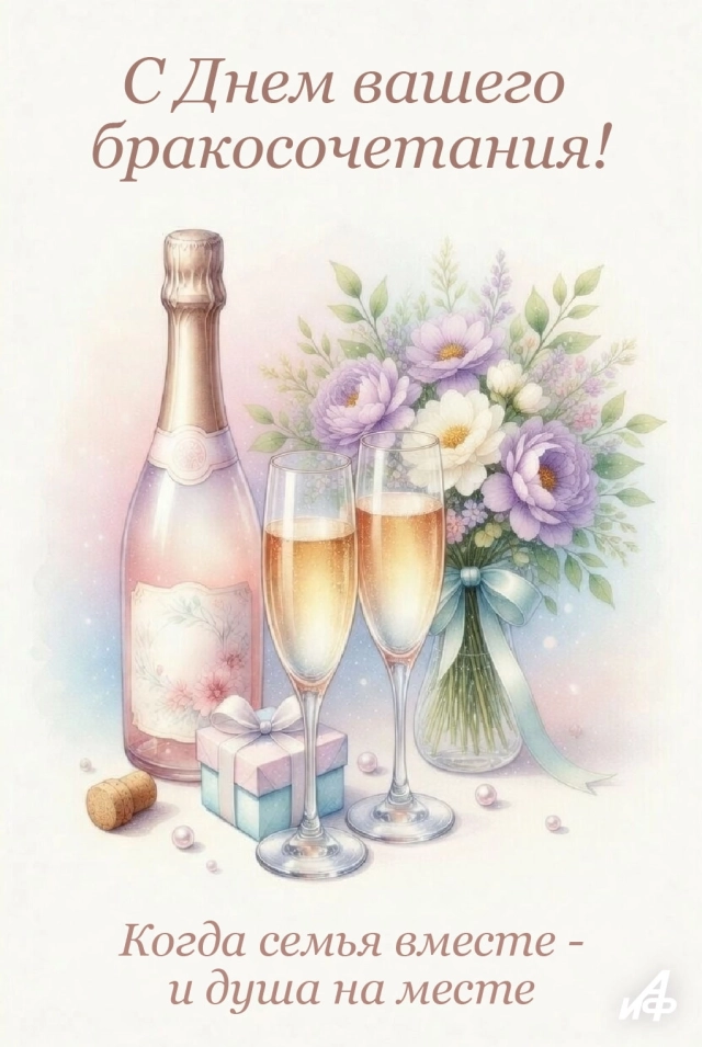 открытка в день свадьбы с бокалами для молодых